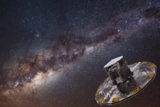 The Gaia space telescope, launched in 2013, is mapping the Milky Way through astrometry. Photo: ESA/ATG medialab; background: ESO/S. Brunier. 