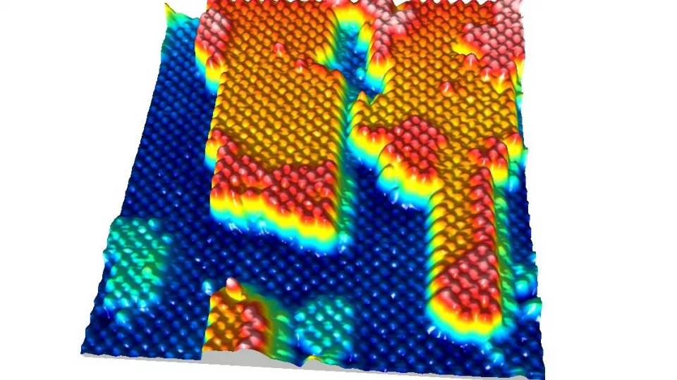 Arsenic and bismuth atoms on surface terraces of a GaAs nanowire.