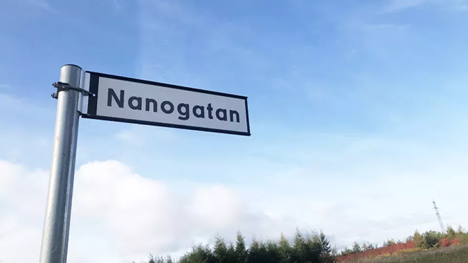 Road sign with text " Nano street" in Swedish. Photo.