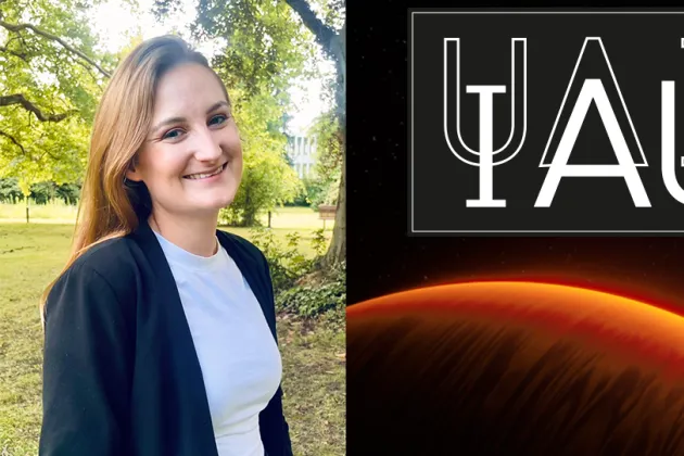 Bibiana Prinoth; the cover of her award-winning doctoral thesis; and the logo of the International Astronomical Union (IAU), which awards the IAU PhD Prize.
