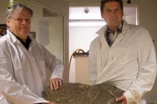 Researchers Birger Schmitz (left) and Fredrik Terfelt (right) dissolved almost ten tonnes of sedimentary rocks from ancient seabeds. Photo by Johan Joelsson.