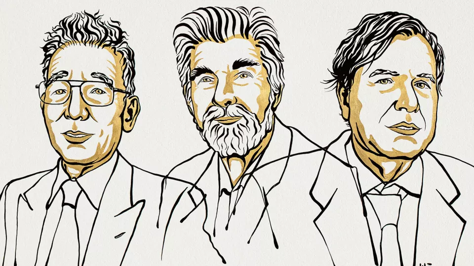 Pristagarna Syokuro Manabe, Klaus Hasselmann och Giorgio Parisi. Illustration: Niklas Elmehed © Nobel Prize Outreach. 
