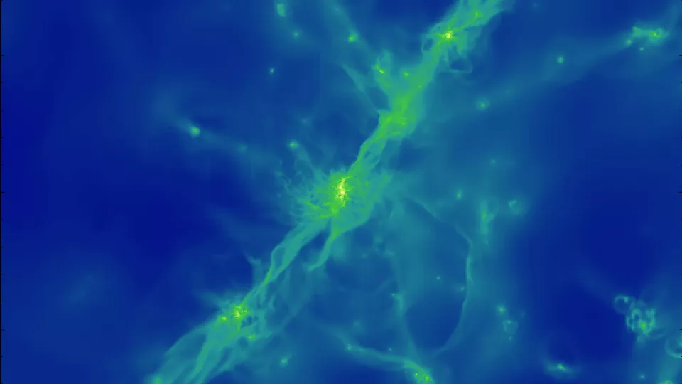 Datorsimulering av hur galaxer och tillhörande stjärnor bildas i universum. Fotograf: The AGORA Collaboration. 