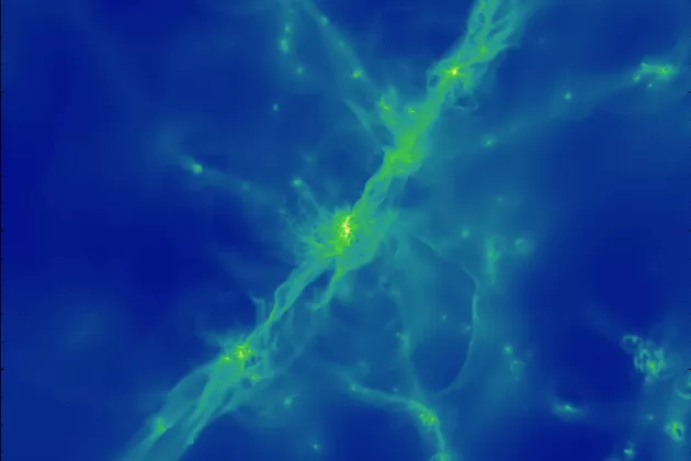 Datorsimulering av hur galaxer och tillhörande stjärnor bildas i universum. Fotograf: The AGORA Collaboration. 