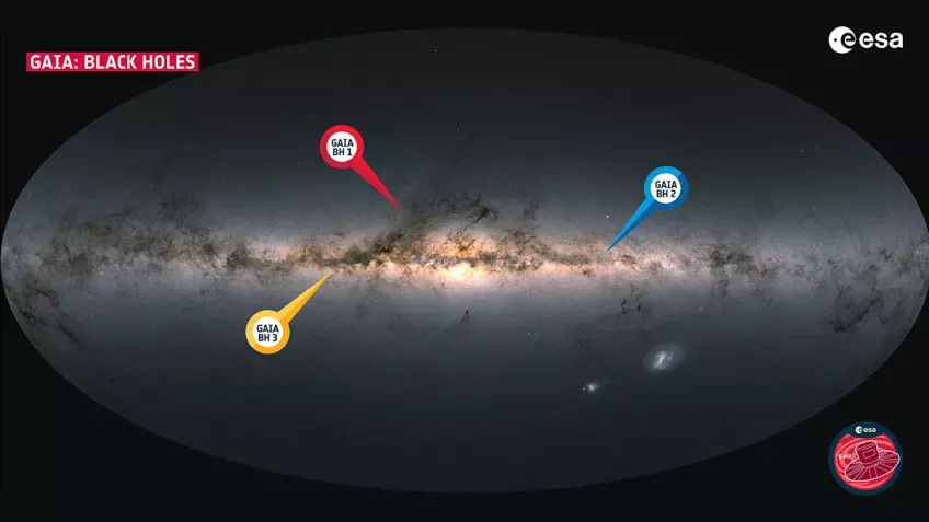 Den gula pilen visar det nyupptäckta hålets placering i Vintergatan. Illustration: ESA/Gaia/DPAC. 